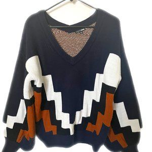 Sexy V-Neck Balloon Sleeve Navy Blue, Brown and White Striped Sweater